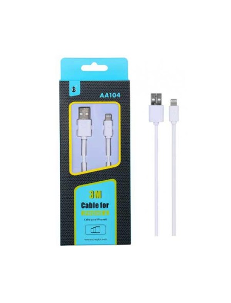 Cable datos USB 2.0 a Lightning iPhone 5-12 / 3m / 2.4a / AA104  / Blanco / One+